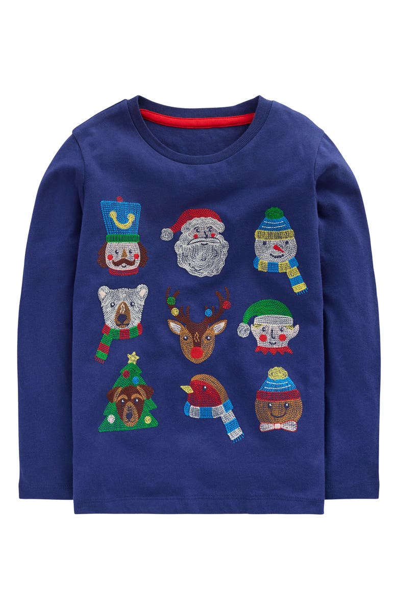 Mini Boden Kids' Embroidered Christmas Characters Long Sleeve Cotton T-Shirt, Main, color, Blue Chrstms Charactrs