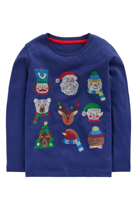 Kids' Embroidered Christmas Characters Long Sleeve Cotton T-Shirt (Toddler & Little Kid)