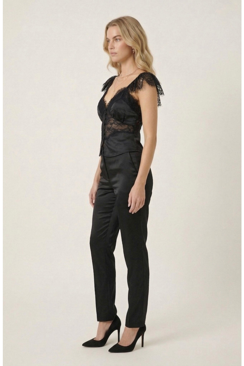Lace Trim Satin Corset Top, Alternate, color, Black