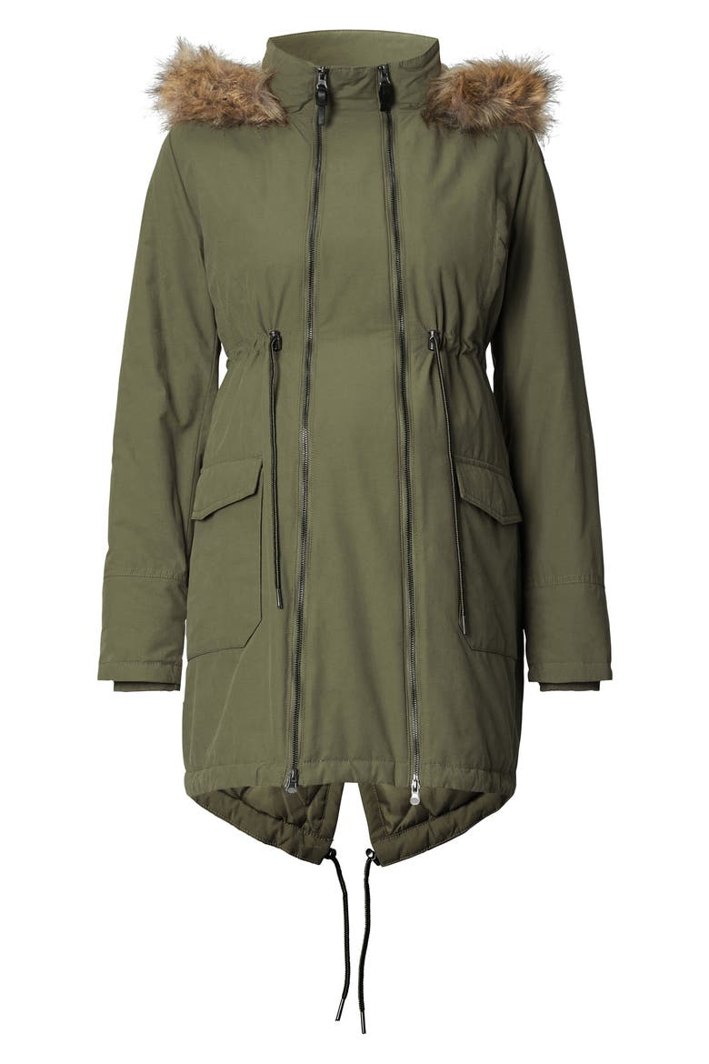 Malin Two-Way Maternity Jacket with Faux Fur Trim, Alternate, color, DARK ARMY