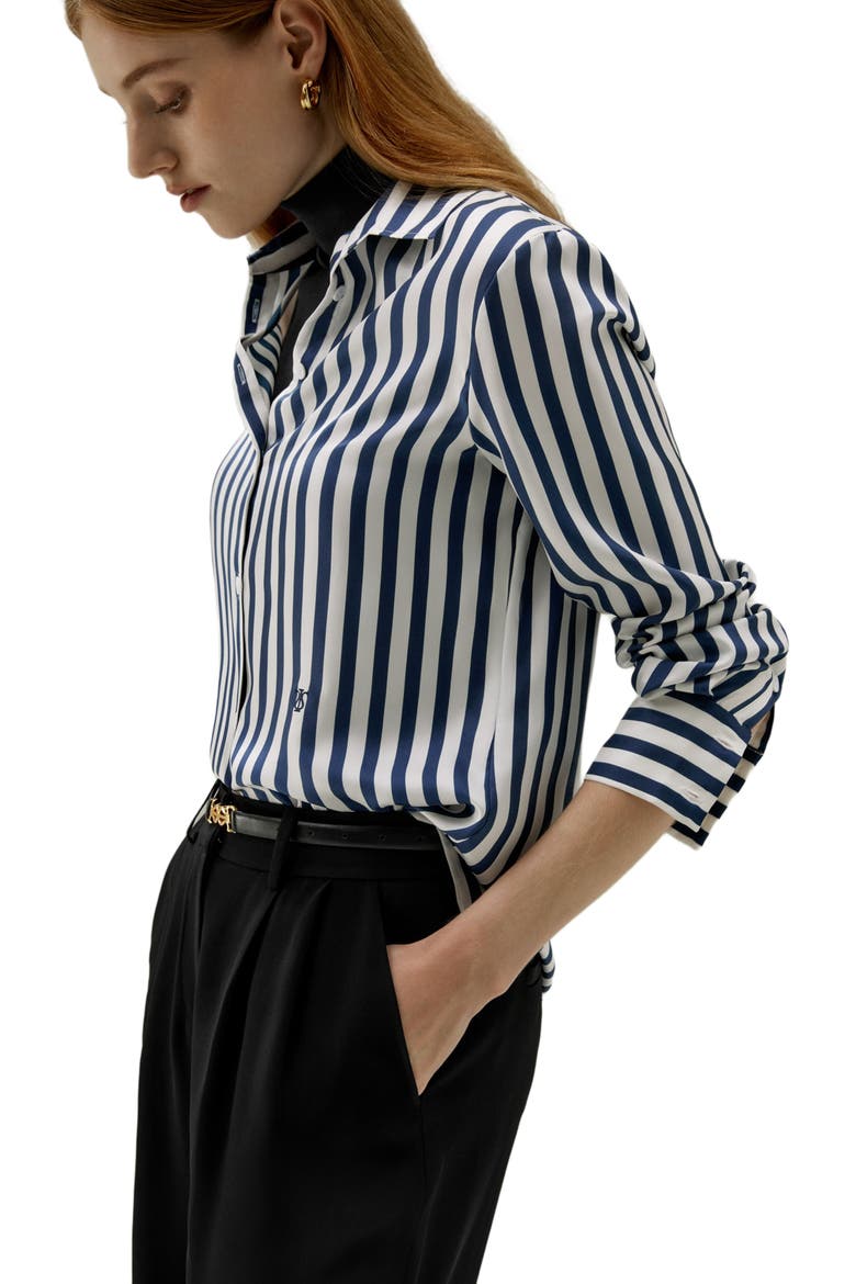 Women's Classic Striped Silk Shirt, Alternate, color, Blue-White-Pinstripes