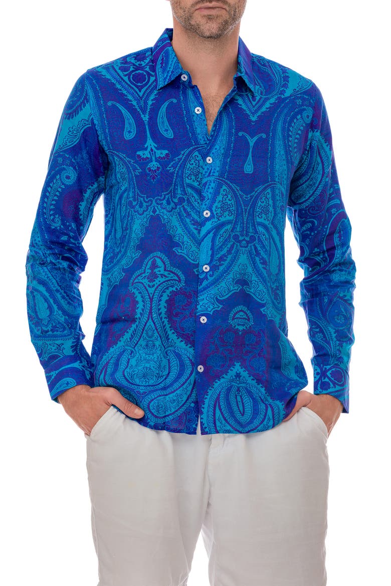 Paisley Linen Blend Button-Up Shirt, Alternate, color, NAVY