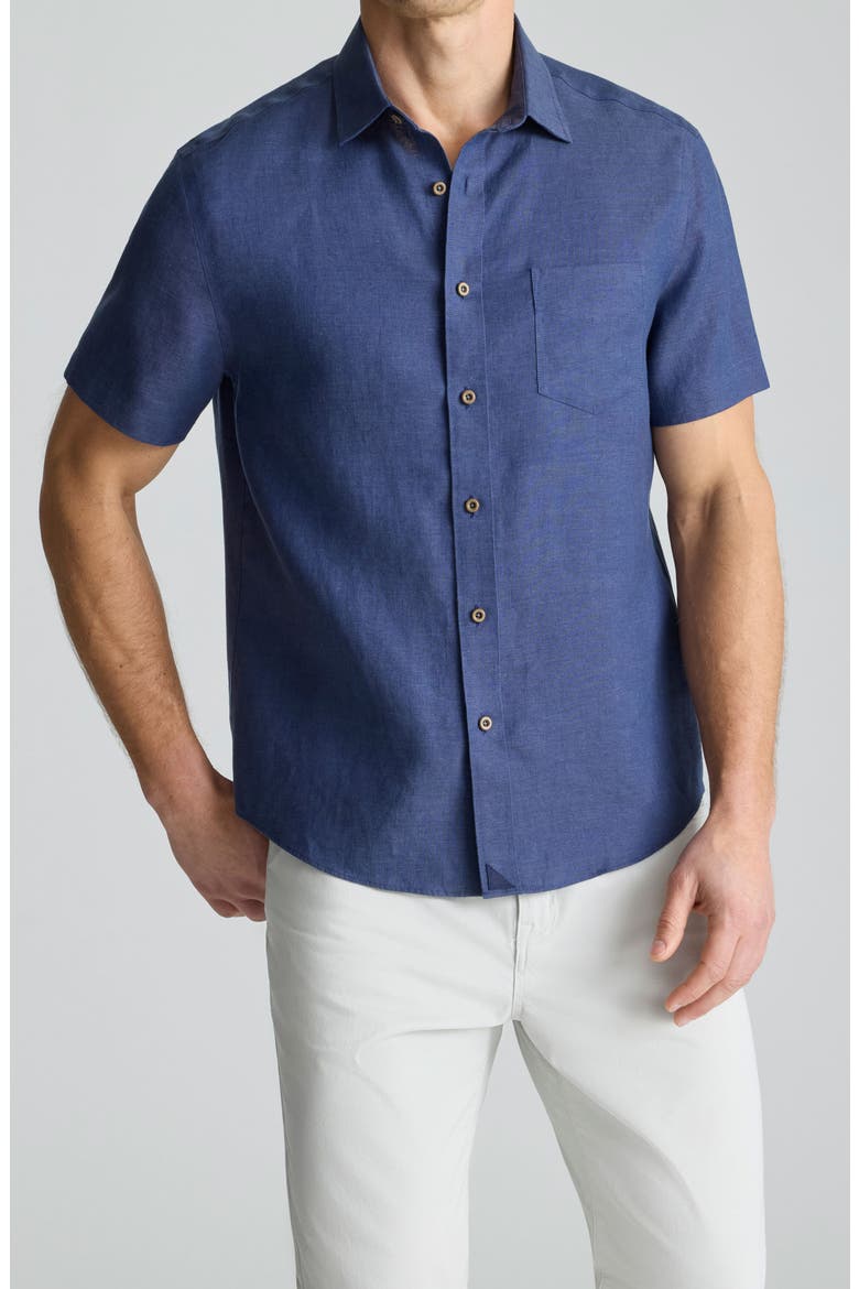 Cameron Solid Wrinkle Resistant Linen Button-Up Shirt, Main, color, NAVY