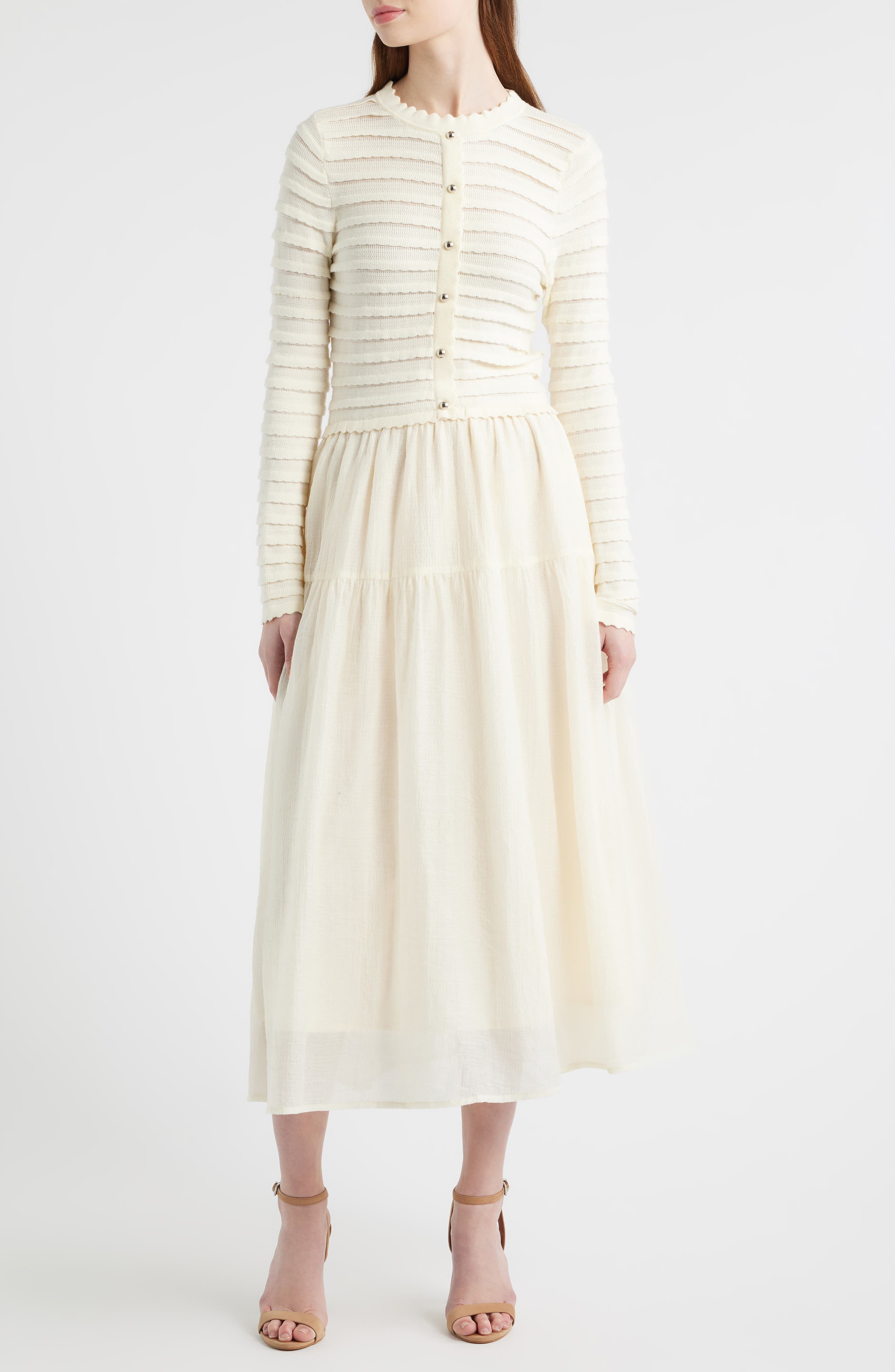 Mixed Media Long Sleeve Scallop Stitch Tiered Midi Dress