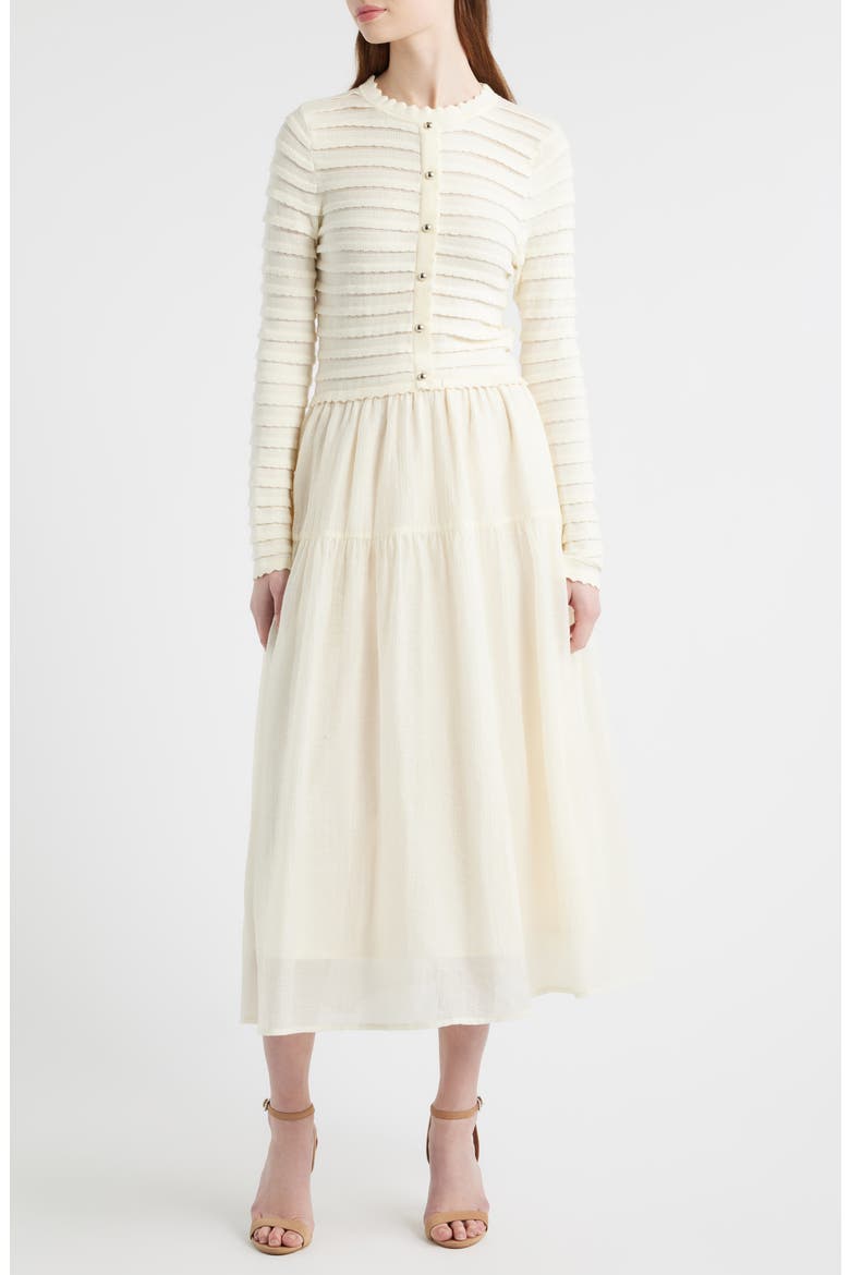 Mixed Media Long Sleeve Scallop Stitch Tiered Midi Dress, Main, color, IVORY
