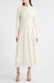 ZOE AND CLAIRE Mixed Media Long Sleeve Scallop Stitch Tiered Midi Dress