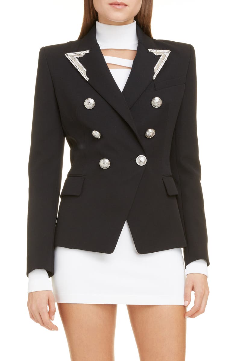 Balmain Embellished Double Breasted Wool Blazer, Main, color, 