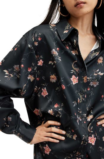Louisa Tanana Floral Print Satin Button-Up Shirt