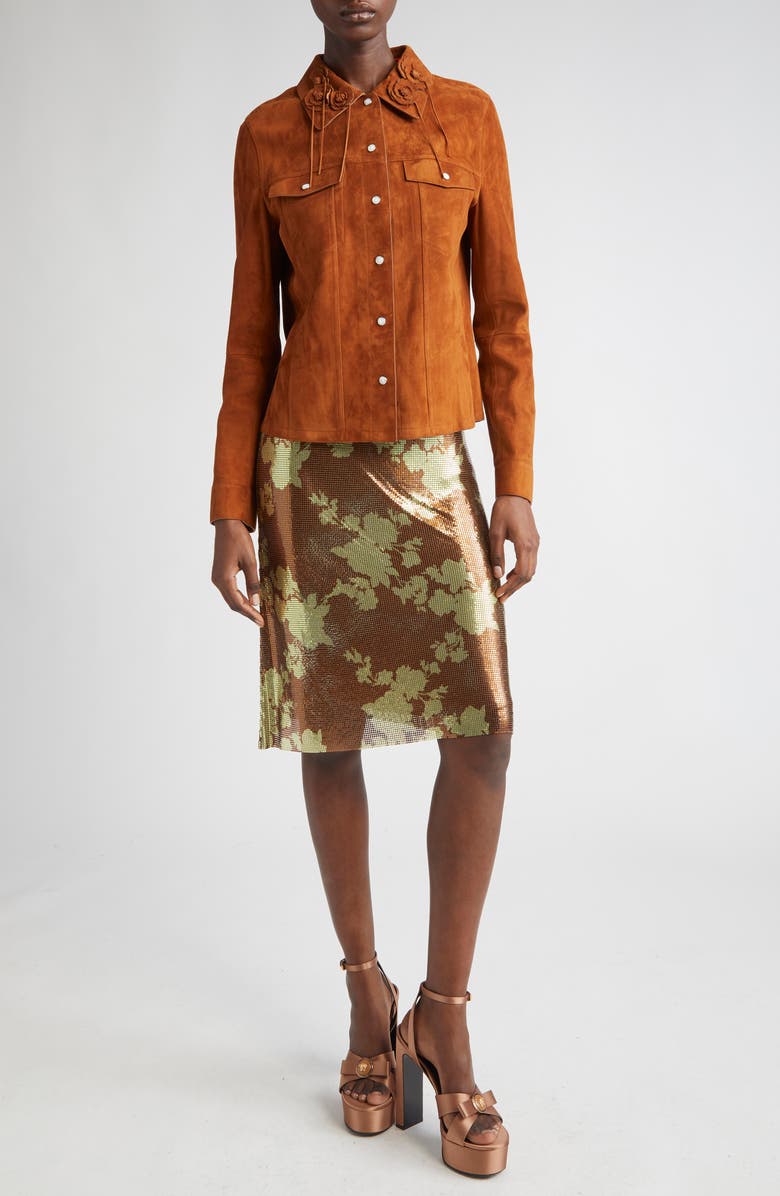 Versace Floral Appliqué Suede Jacket, Alternate, color, Tobacco