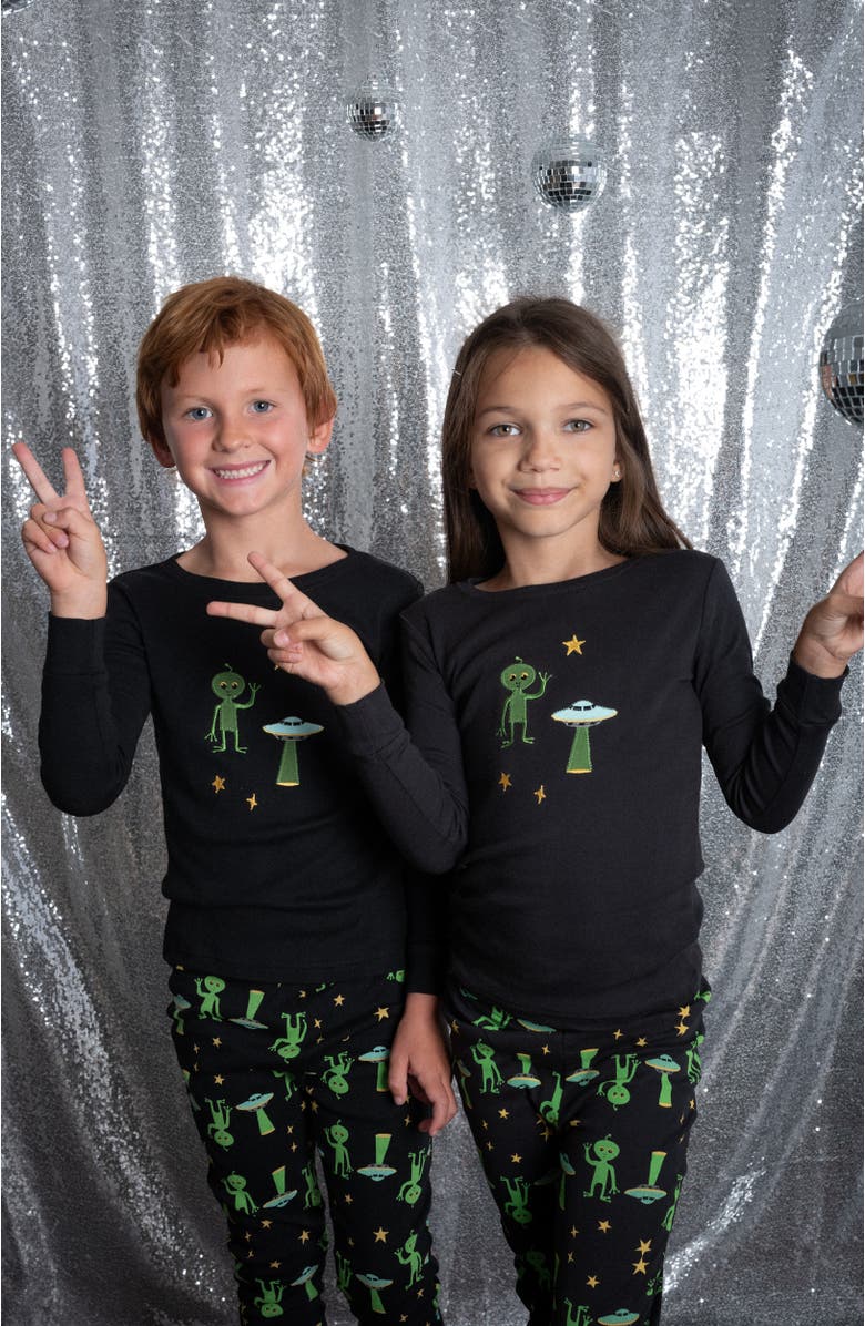 Leveret Kids Two-Piece Cotton Halloween Matching Family Pajamas, Fun Prints, Alternate, color, Alien