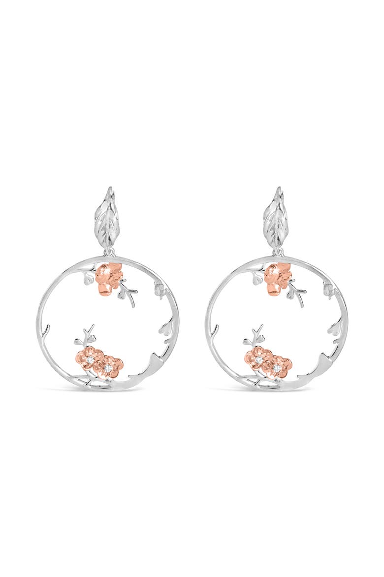 Rose Gold Plated Silver 1/10 Ct Diamond Floral Hoop Earrings, Main, color, White