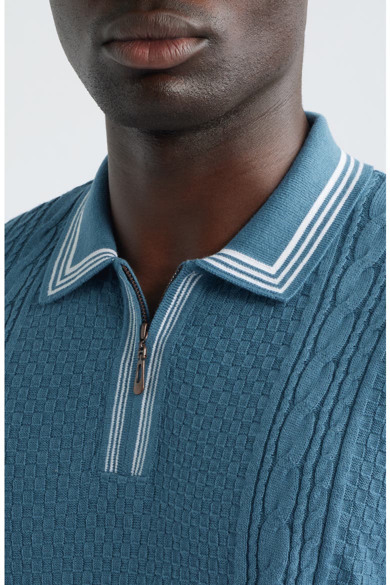 Navarro Textured Cotton Zip Polo, Alternate, color, AEGEAN BLUE