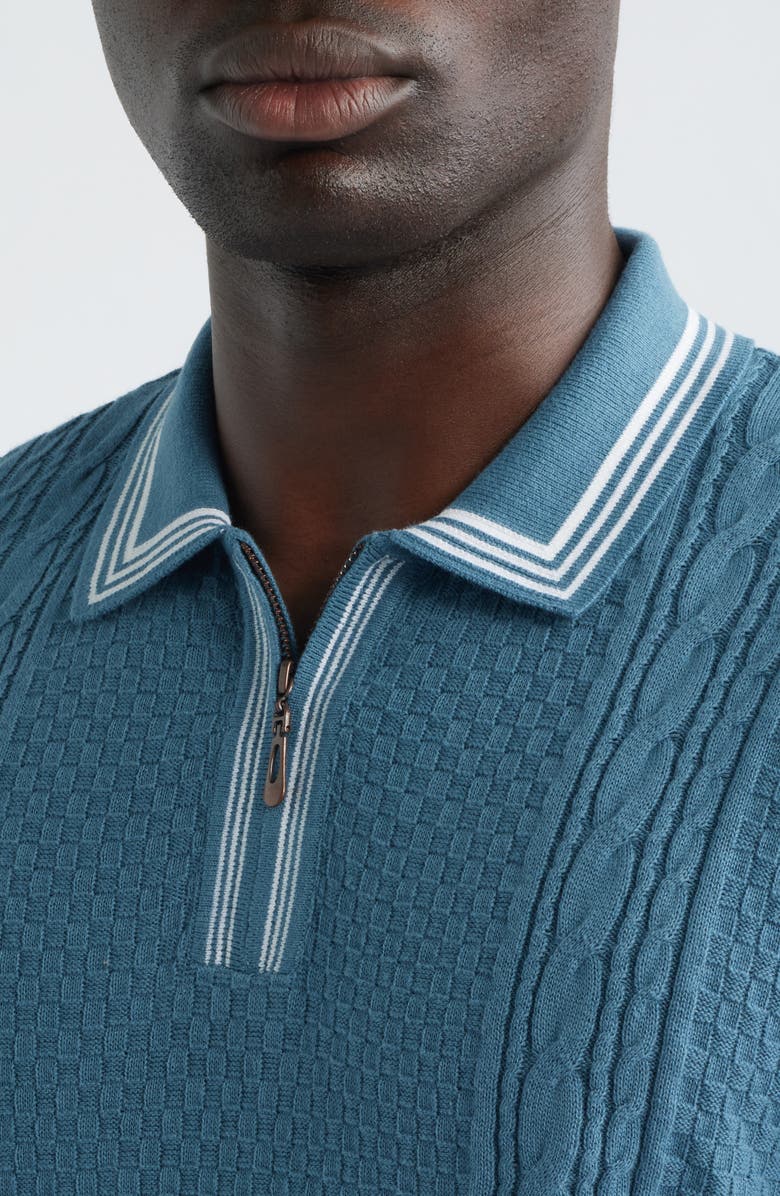MALBON Navarro Textured Cotton Zip Polo, Alternate, color, Aegean Blue