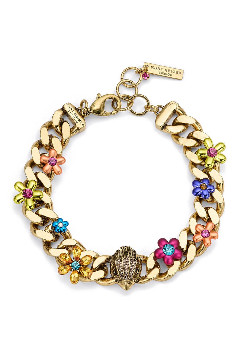 Eagle's Head Floral Curb Chain Bracelet, Main, color, GOLD MULTI