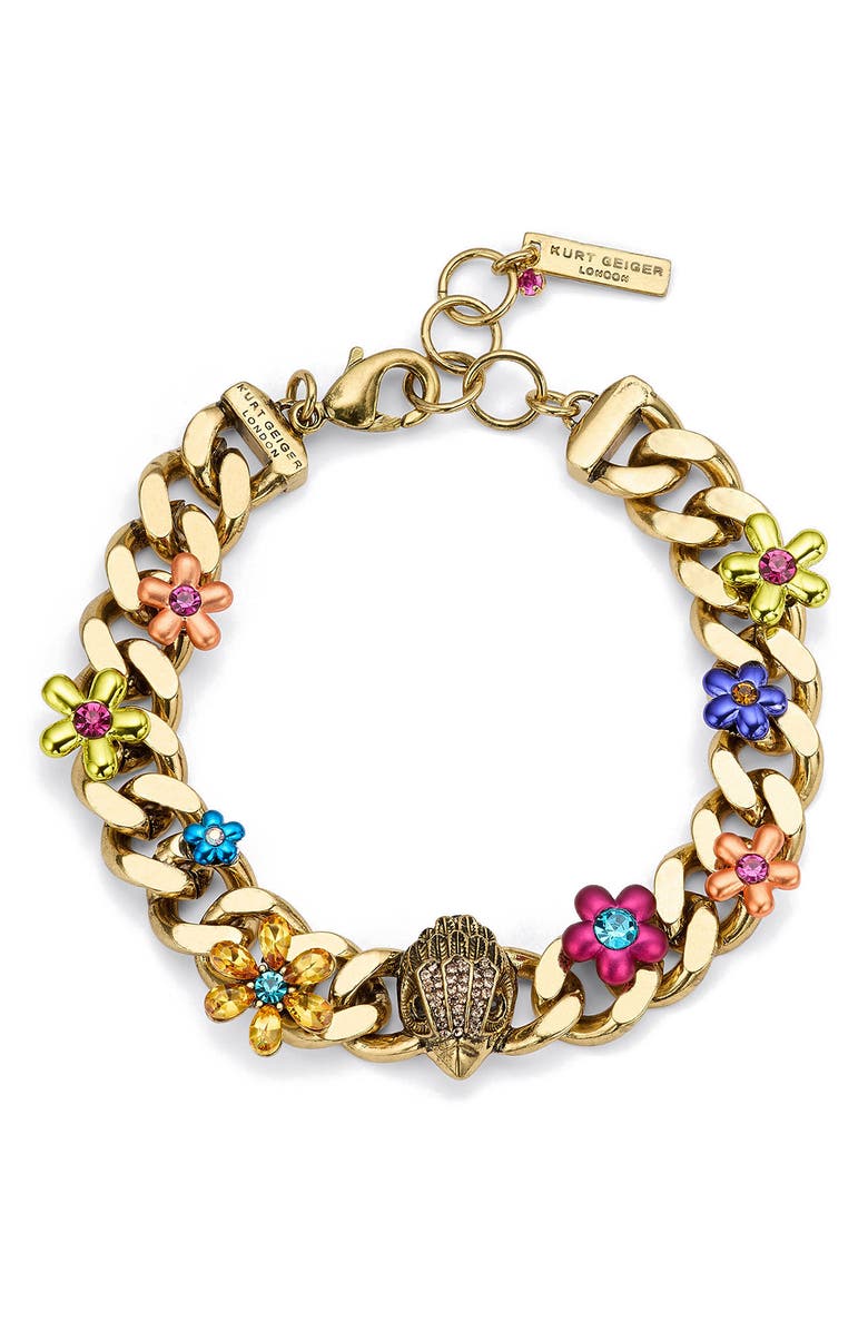 Kurt Geiger London Eagle's Head Floral Curb Chain Bracelet, Main, color, Gold Multi