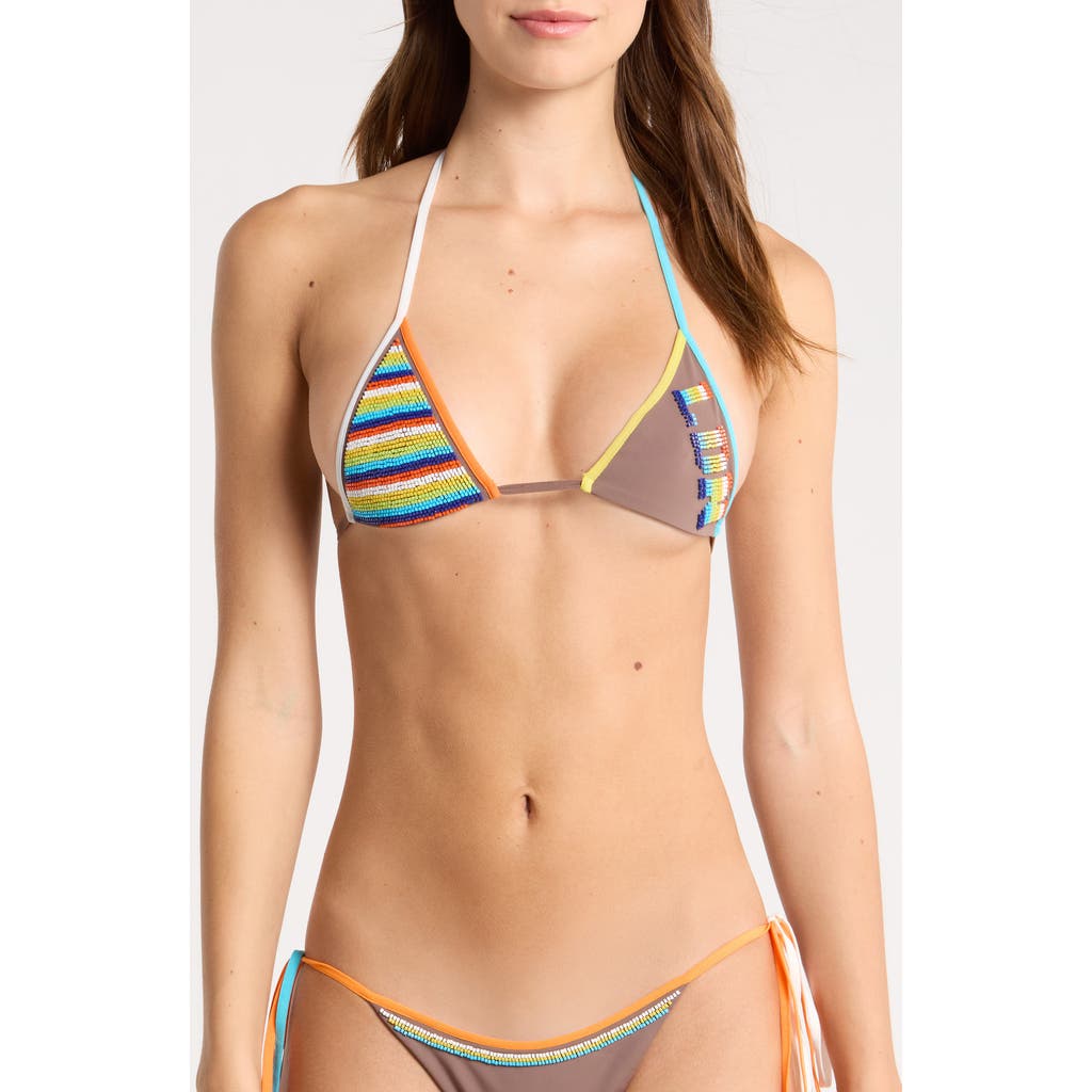 JADED LONDON Bead Embellished Triangle Bikini Top in Brown Multi at Nordstrom, Size 12