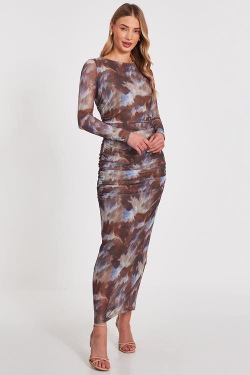 Quiz Mesh Long Sleeve Maxi Dress In Brown