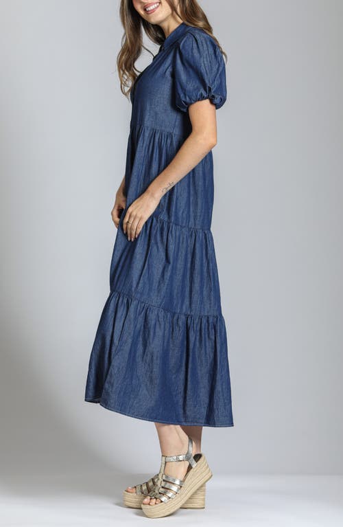 Apny Puff Sleeve Tiered Denim Maxi Dress In Dark Indigo