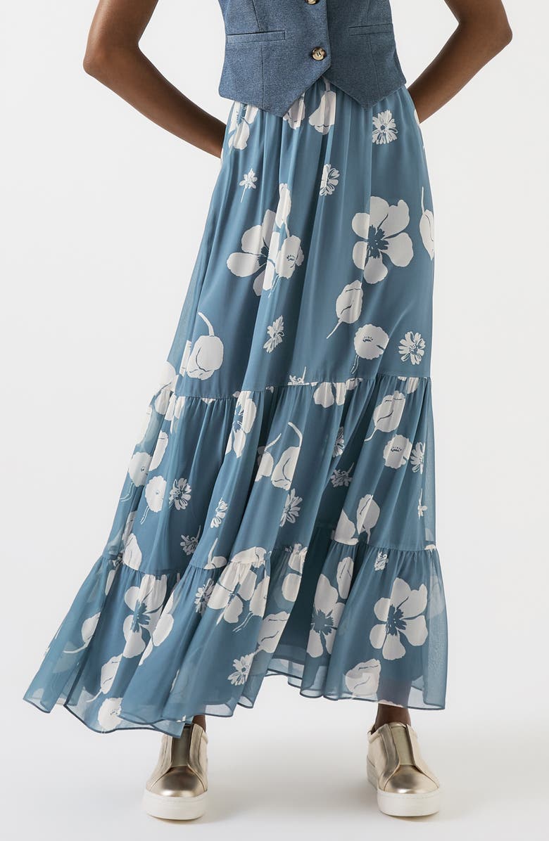 LK Bennett Rumi Floral Tiered Maxi Skirt, Main, color, Blue Multi