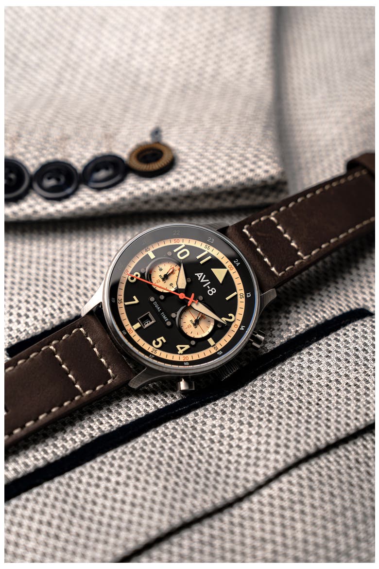 Hawker Hurricane Carey Chronograph Leather Strap Watch, 44mm, Alternate, color, BLACK