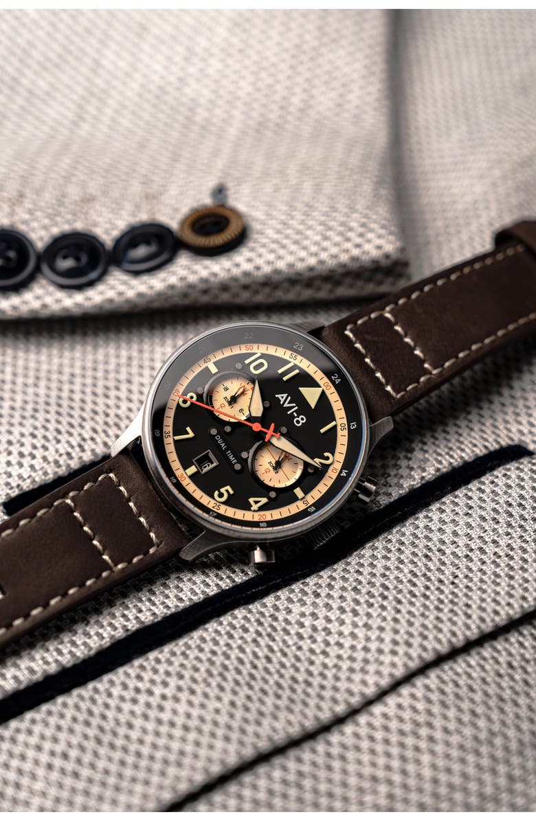 AVI-8 Hawker Hurricane Carey Chronograph Leather Strap Watch, 44mm, Alternate, color, Black