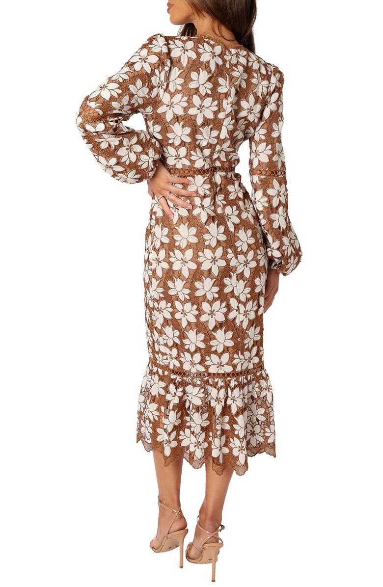 Petal & Pup Pierre Floral Long Sleeve Lace Midi Dress, Alternate, color, Mocha
