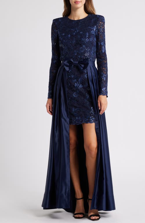 Eliza J Embroidered Long Sleeve Stretch Gown with Removable Skirt Overlay in Navy 