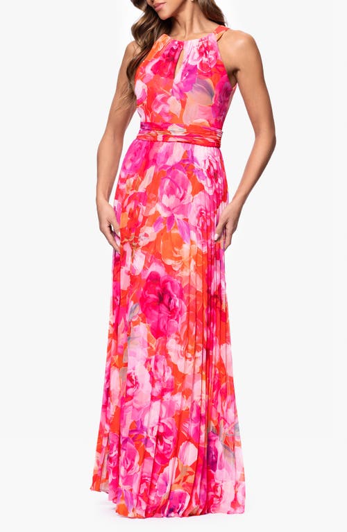 Xscape Evenings Keyhole Pleated Chiffon Maxi Dress In Red Pink