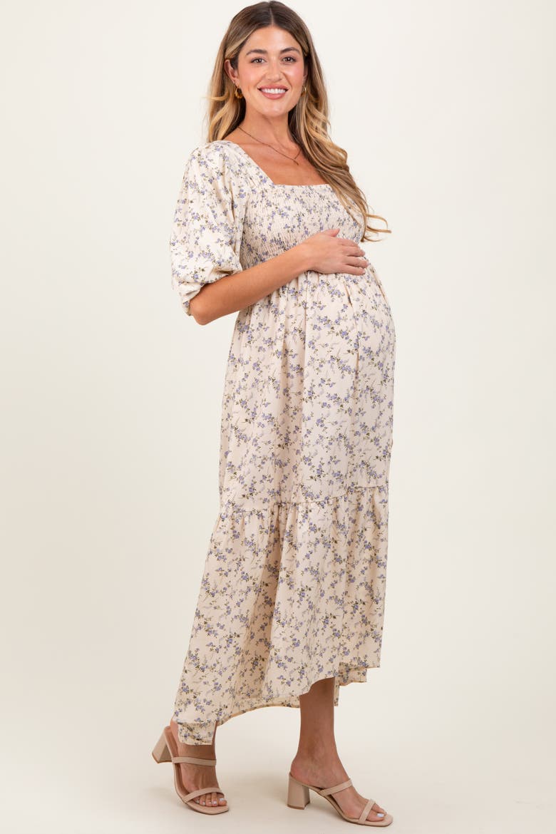 Floral Smocked Hi-Low Puff Sleeve Maxi Dress, Alternate, color, Ivory