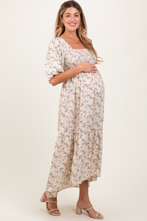 Pinkblush Floral Smocked Hi-low Puff Sleeve Maxi Dress In Neutral