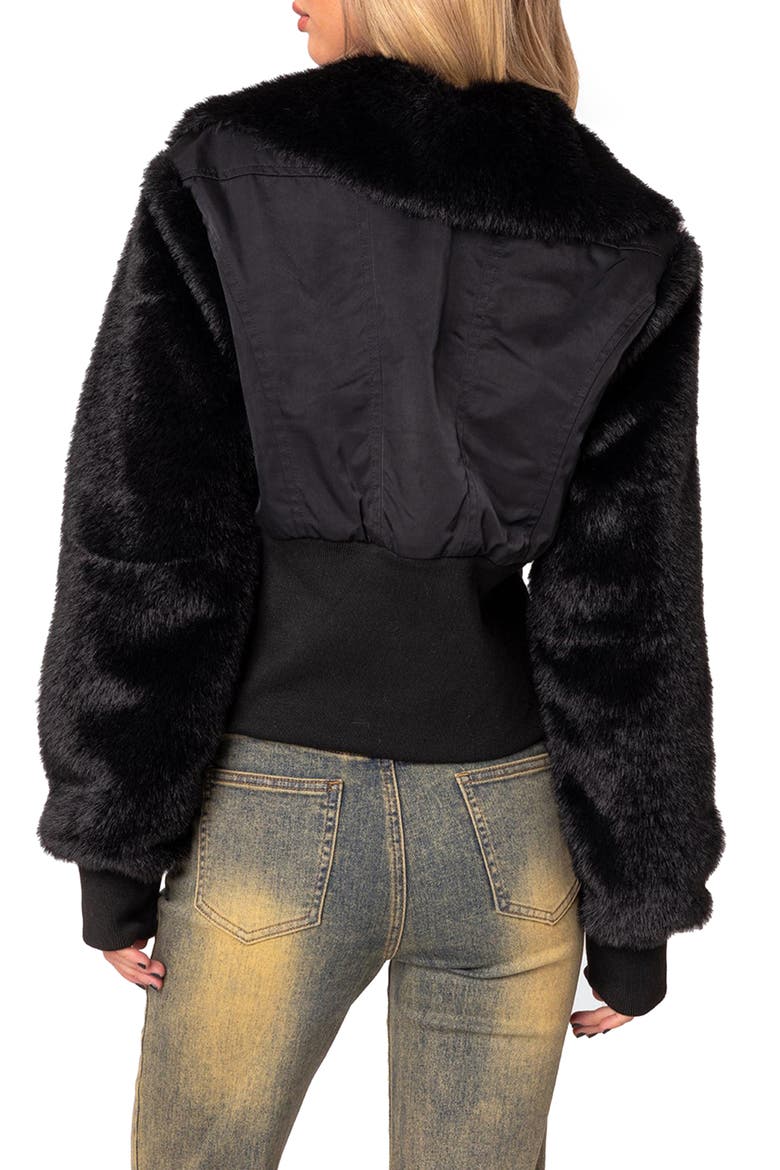 Malliora Faux Fur Trim Bomber Jacket, Alternate, color, BLACK