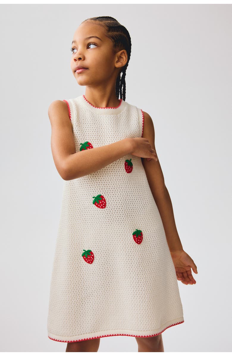 H&M Appliquéd Hole-knit Dress, Alternate, color, Cream/Strawberries