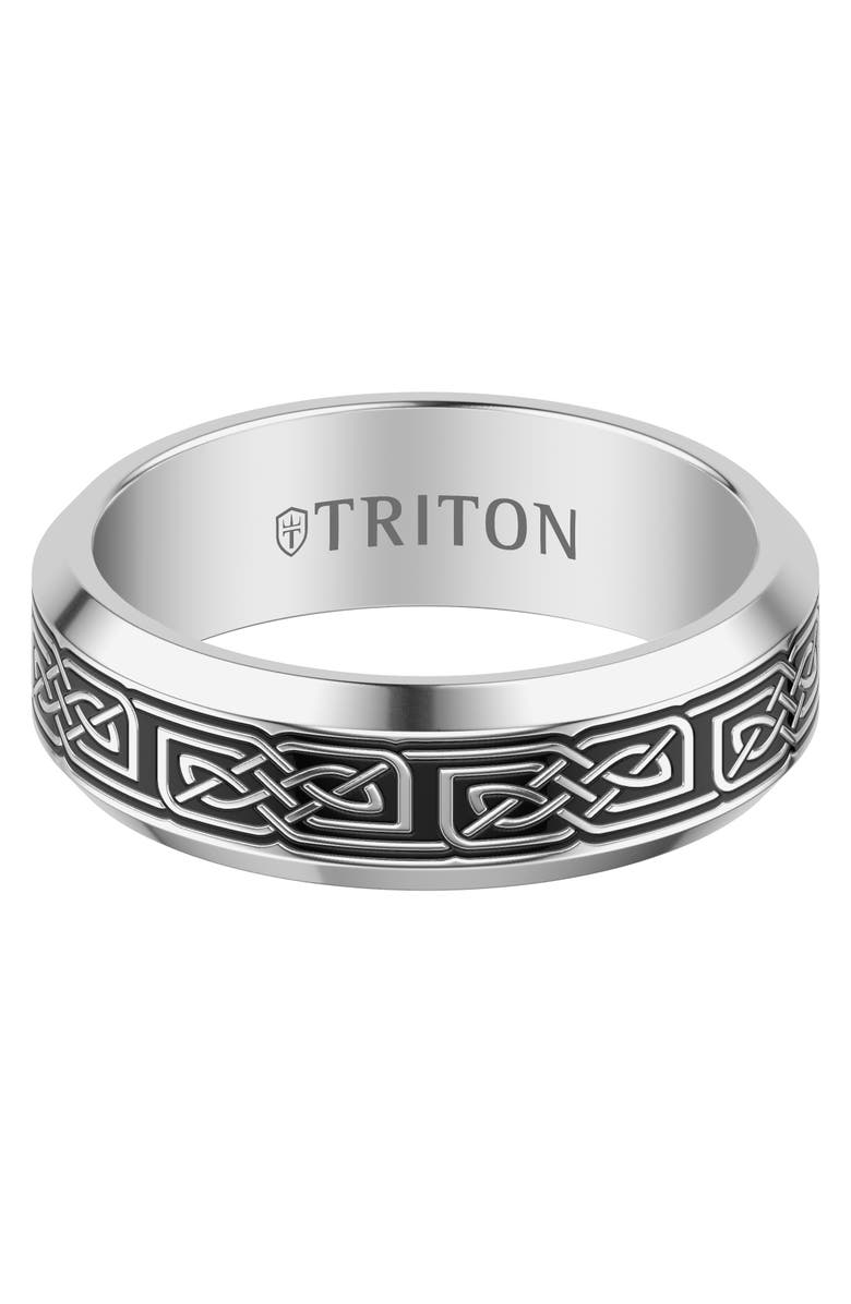 Triton 7MM Contemporary Grey Tungsten Carbide Ring with Black Tungsten Laser Geometric Knot Pattern and Polished Beveled Edge Profile, Alternate, color, 