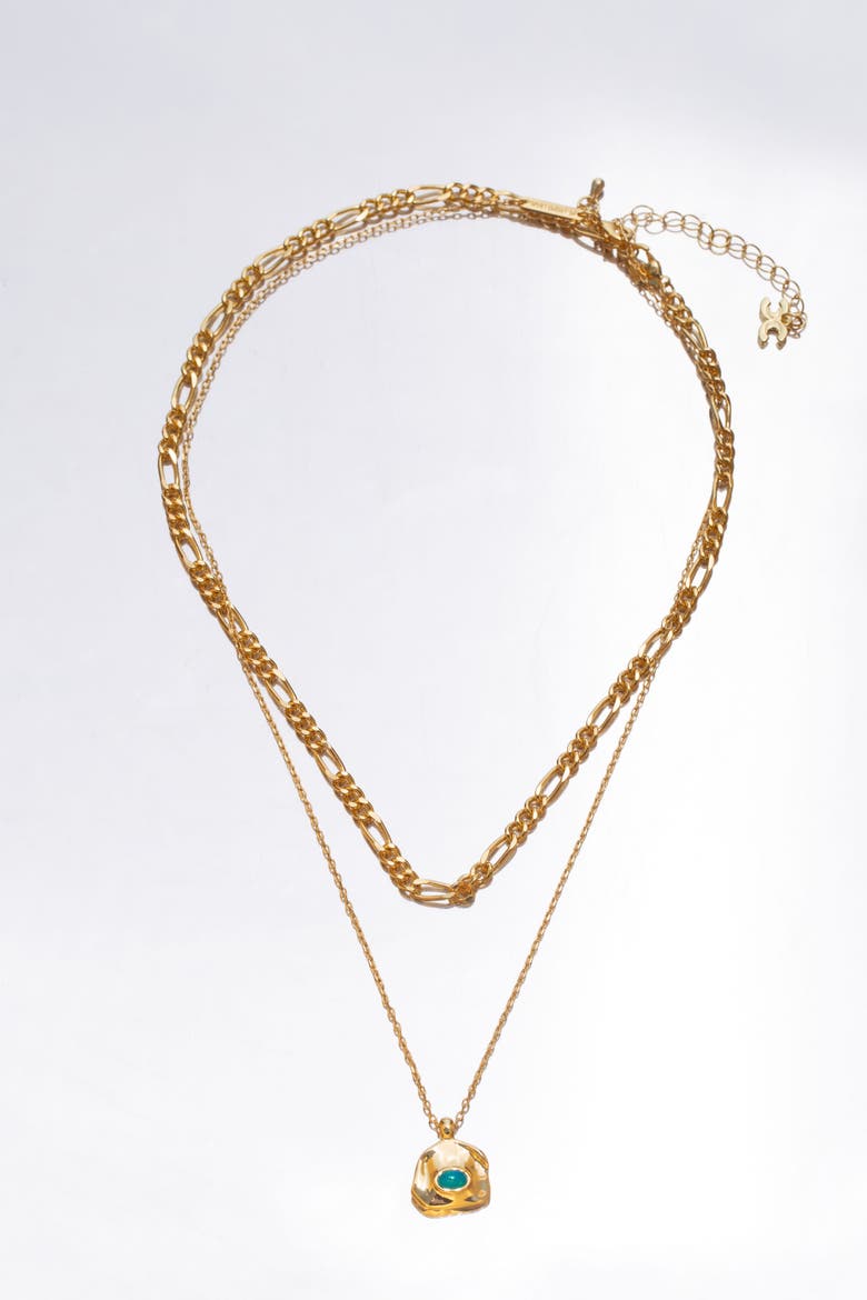 Aria Gemstone Pendant Necklace and Figaro Chain Layering Set, Alternate, color, Gold/Sky Blue
