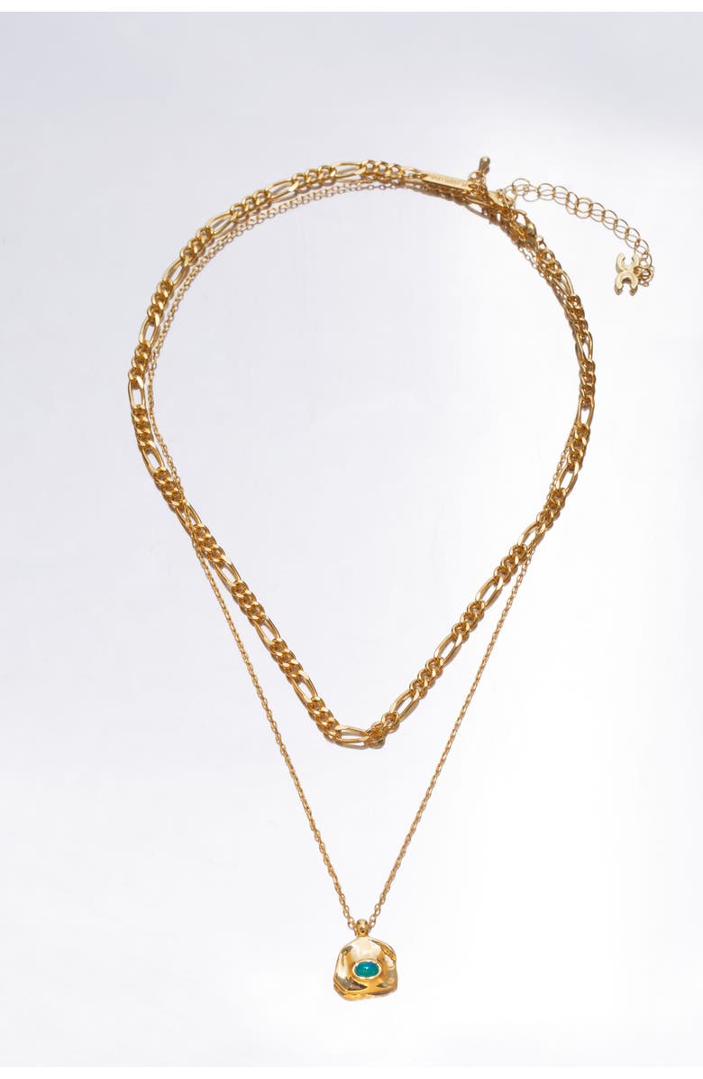 Classicharms Aria Gemstone Pendant Necklace and Figaro Chain Layering Set, Alternate, color, Gold/Sky Blue