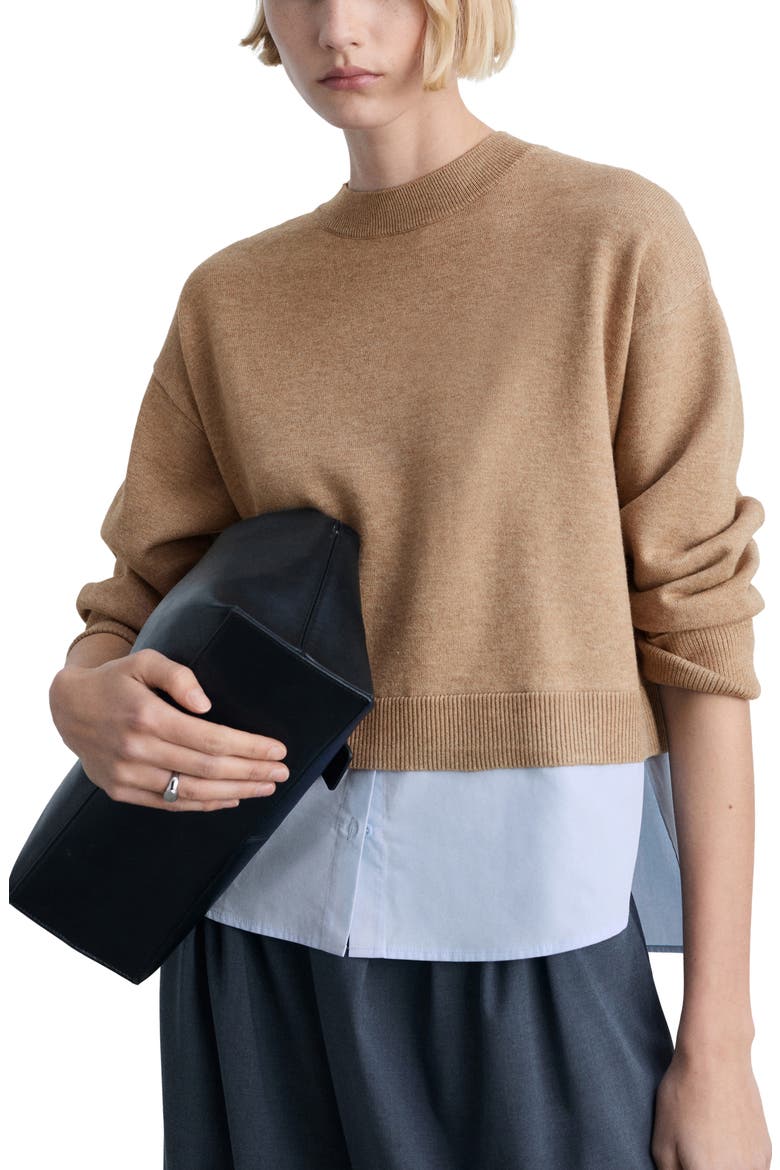 Mixed Media Layered Crewneck Sweater, Main, color, MEDIUM BROWN