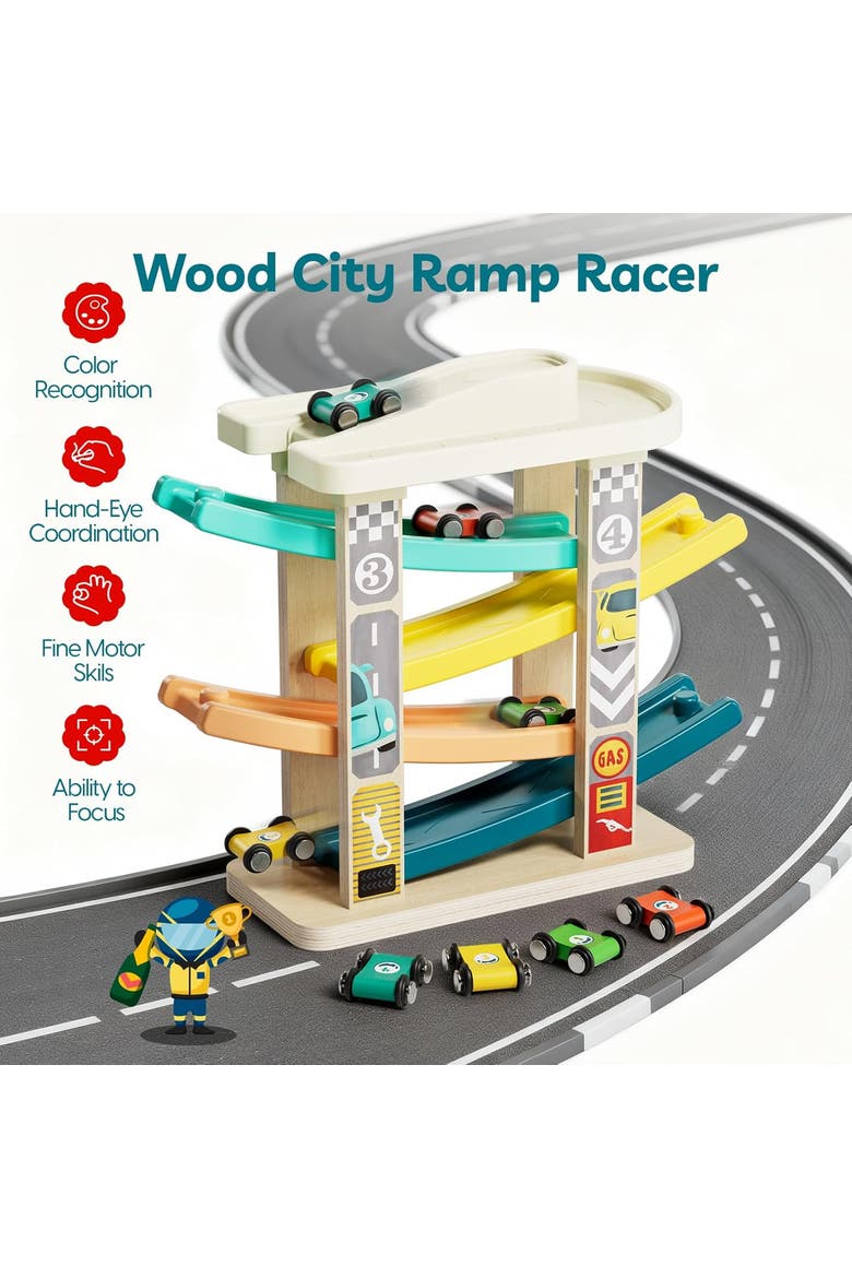 2 in 1 Kids Montessori Car Activity Set Driving Busy Board & Ramp Race Track, Alternate, color, Multicolor
