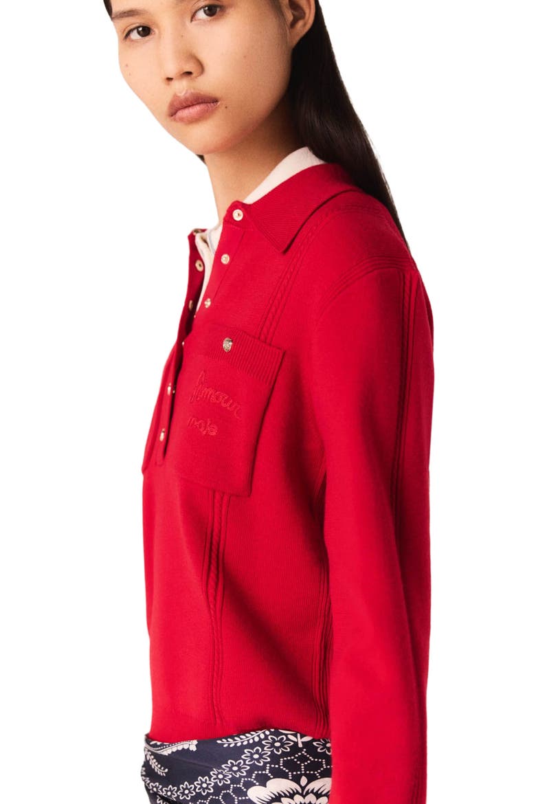 Polo collar sweater with embroidery, Alternate, color, Red