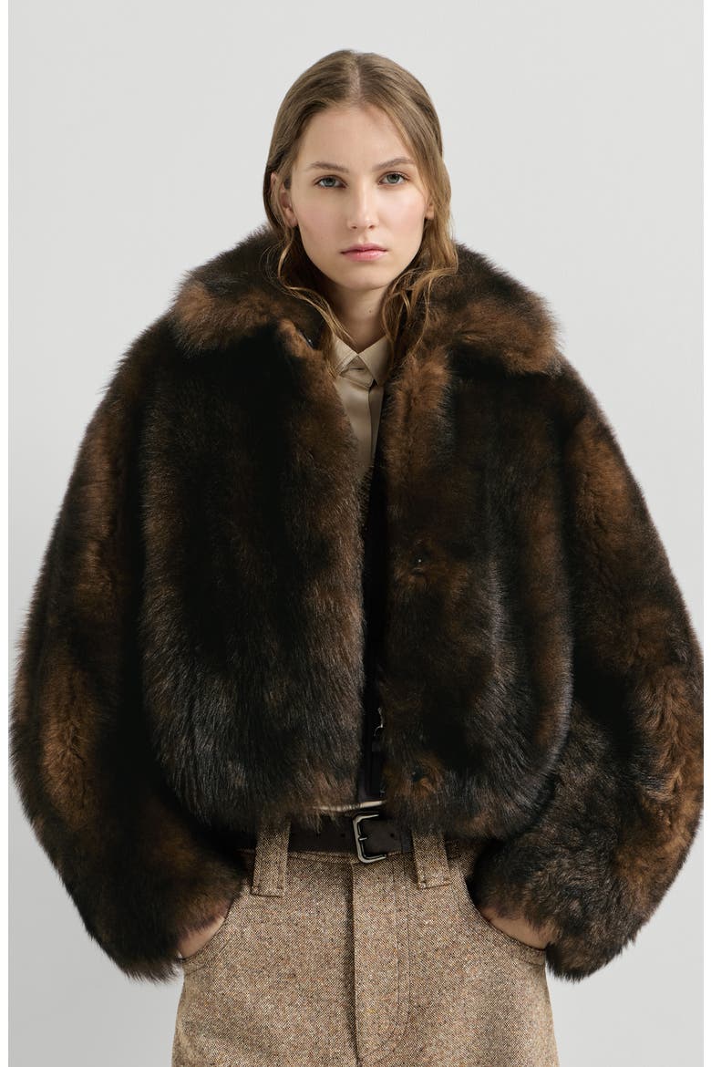 Soft shearling outerwear jacket with shiny zipper pull, Main, color, Pine Cone Brown