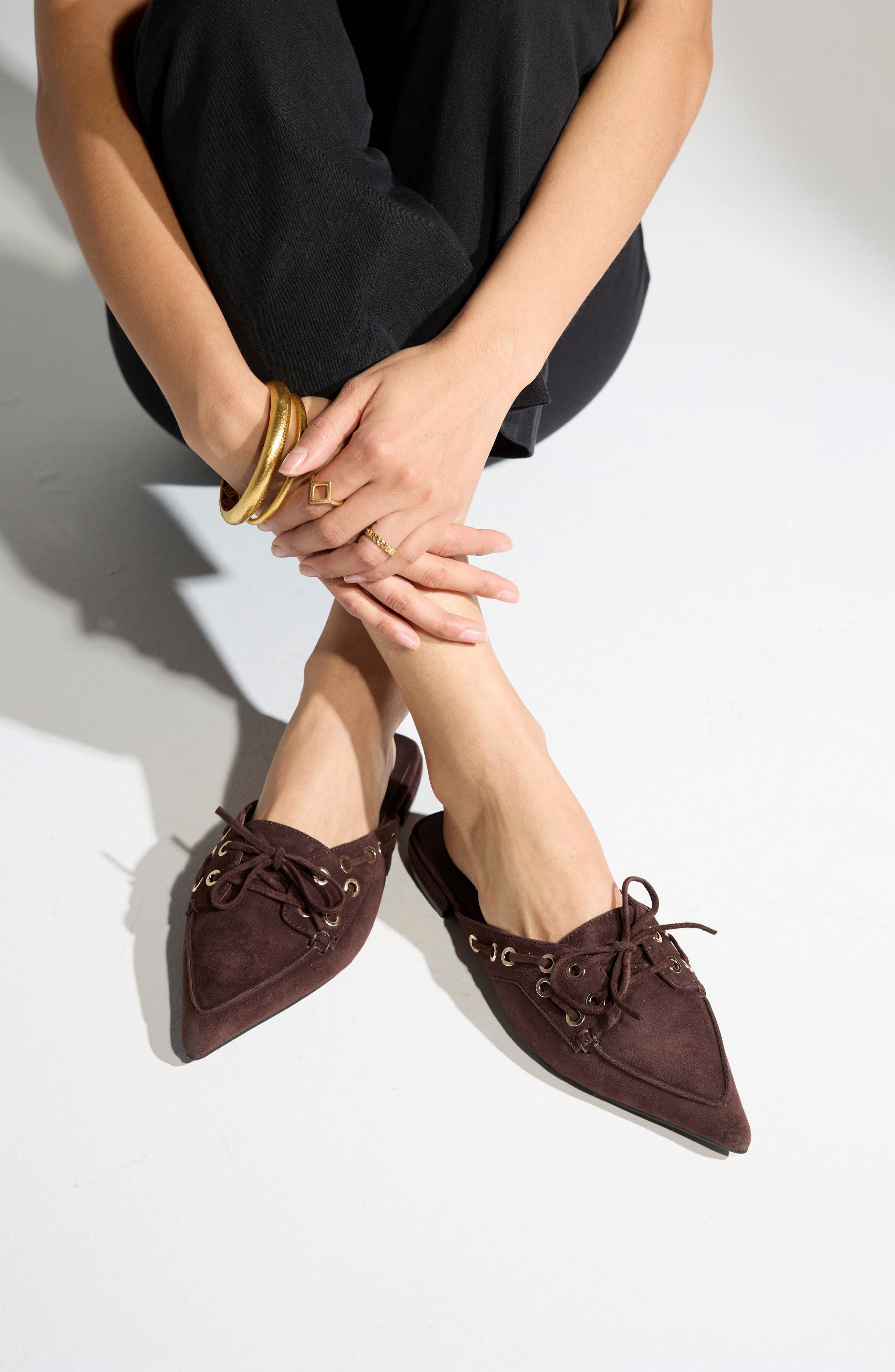 Astor Pointed Toe Suede Flat Mule, Alternate, color, CHOCOLATE