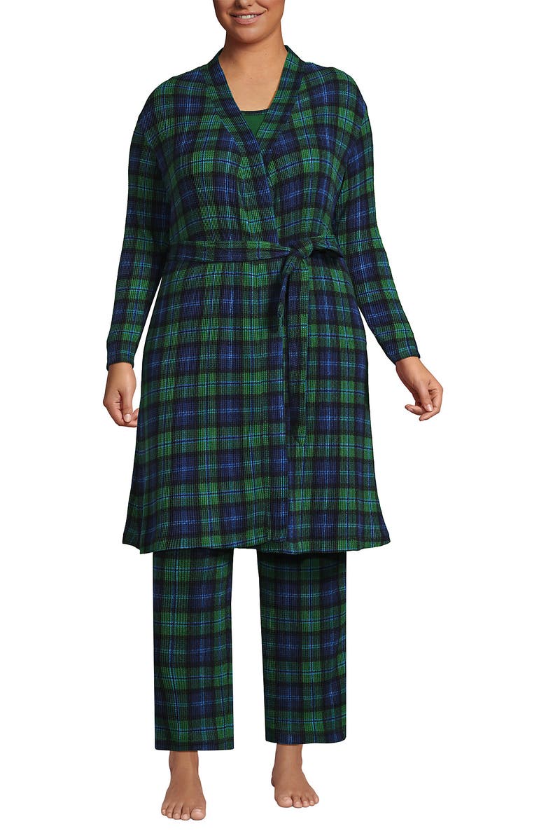 Lands' End Brushed Cozy Waffle Jersey 3 Piece Pajama Set - Tank Top Pant and Robe, Alternate, color, Light Emerald Blackwatch