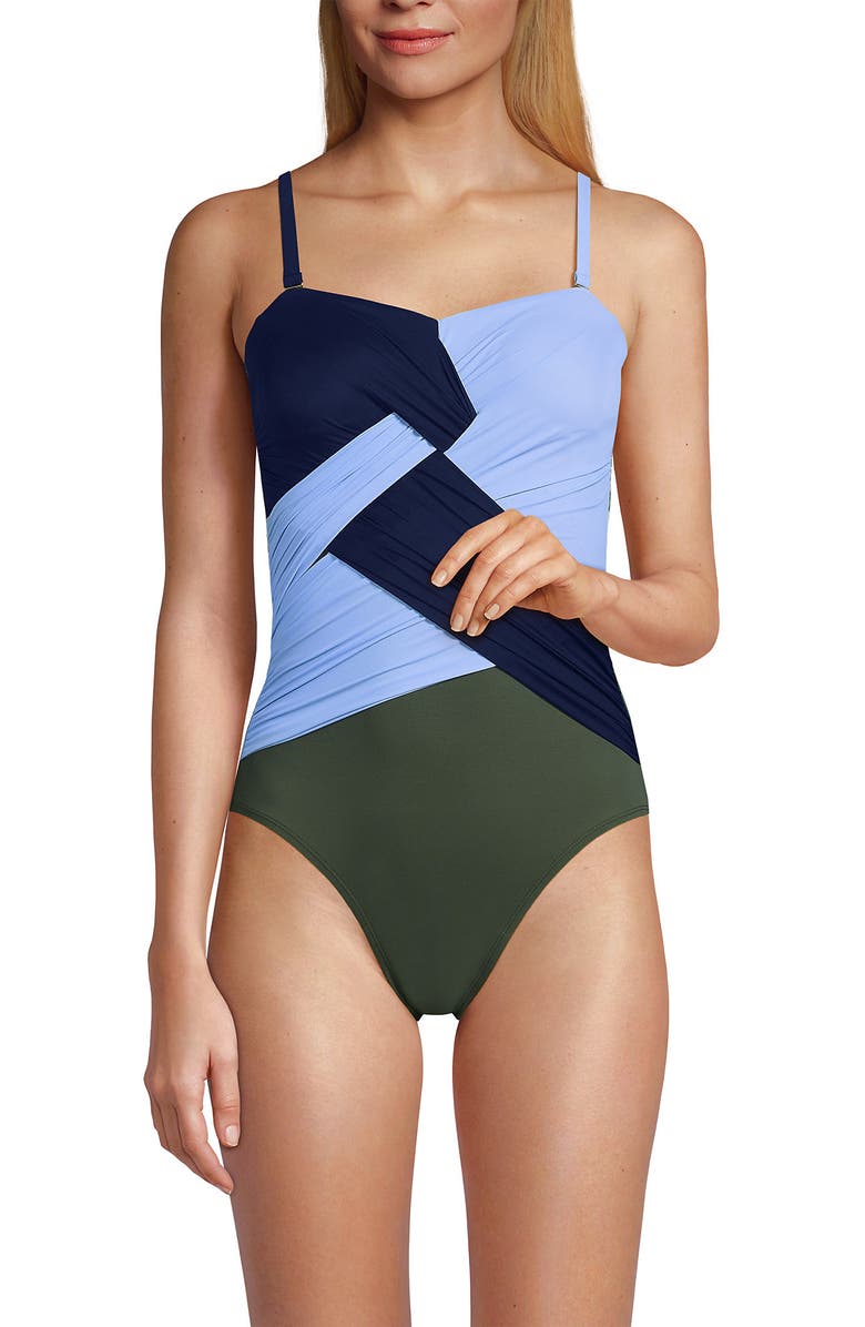 Lands' End Slender Suit Shine Bandeau Tummy Control Chlorine Resistant High Leg One Piece Swimsuit, Alternate, color, Navy/Cloud Blue/Olive Green