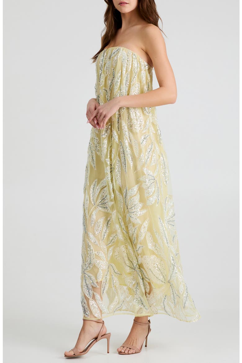 Margot Bead & Appliqué Strapless Mesh Gown, Alternate, color, SOFT YELLOW/ SILVER