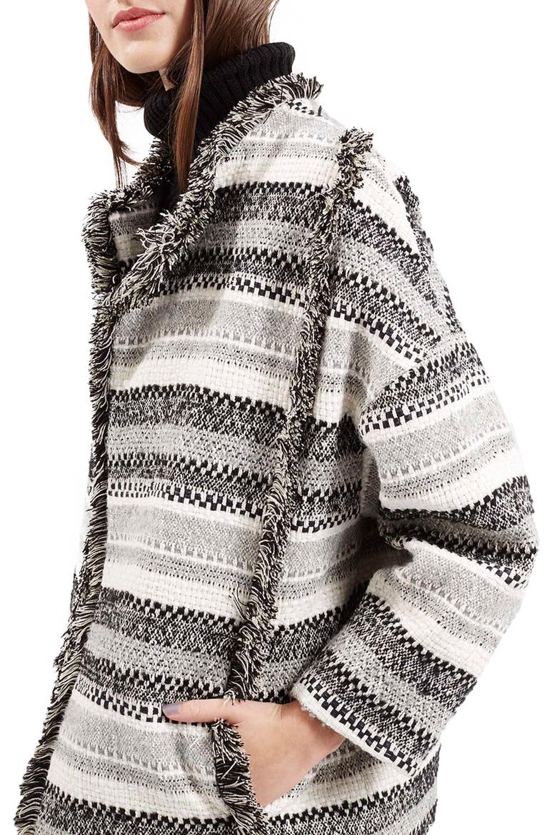 'Izzy' Fringe Trim Cardigan Coat, Alternate, color, GREY MULTI