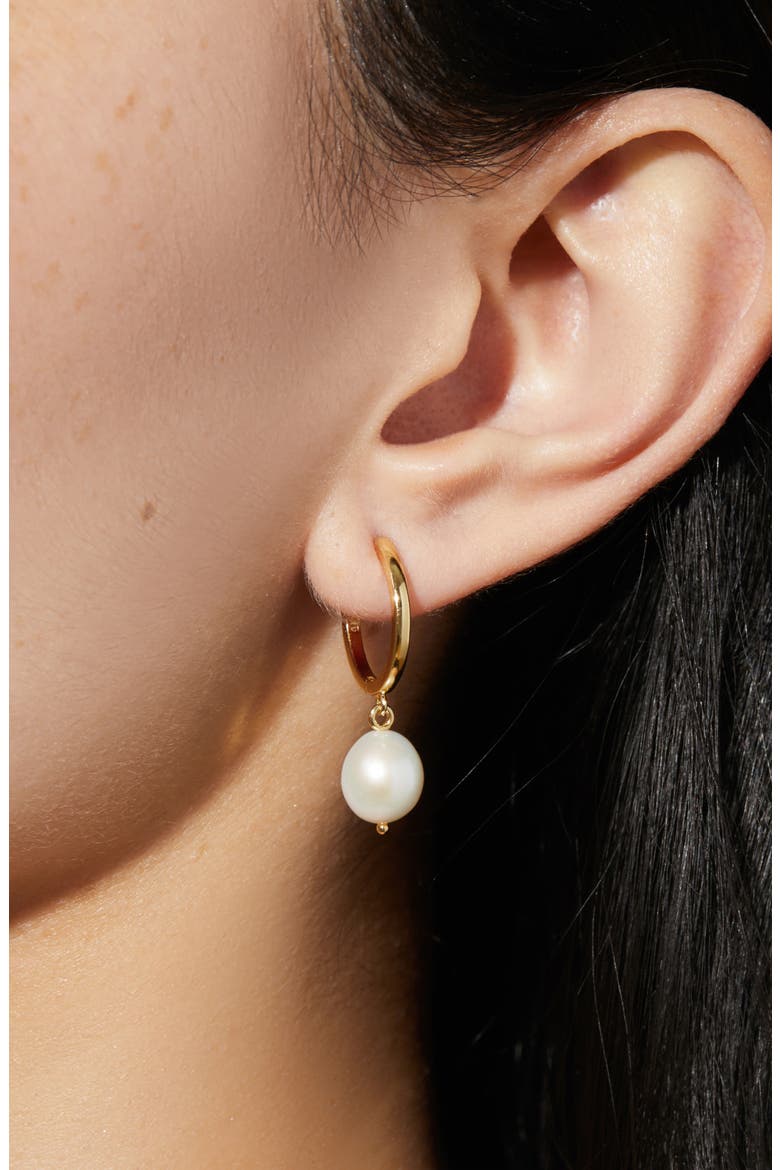 Medium Frida Freshwater Pearl Drop Hoop Earrings, Alternate, color, GOLD/WHITE