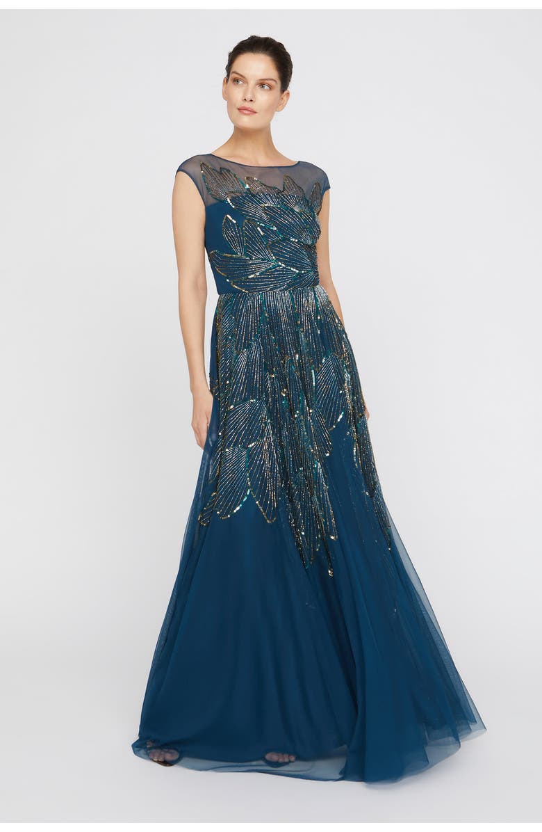 Theia Ava Beaded Cap Sleeve Bateau Neck Sequin Gown, Alternate, color, Aquamarine