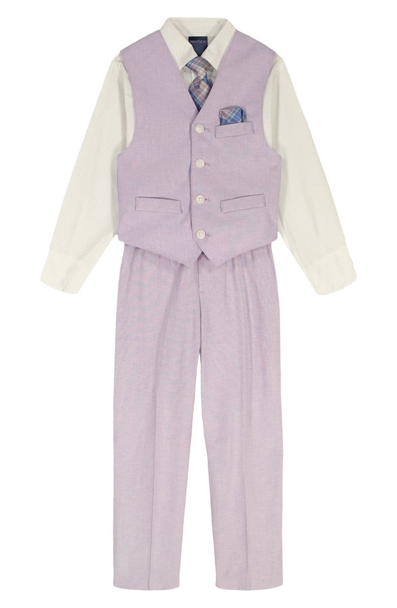 Nautica Kids' Button-Up Shirt, Waistcoat, Pants & Tie Set, Main, color, Pastel Lilac