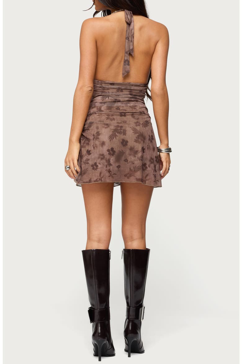Print Ruched Mesh Halter Minidress, Alternate, color, BROWN
