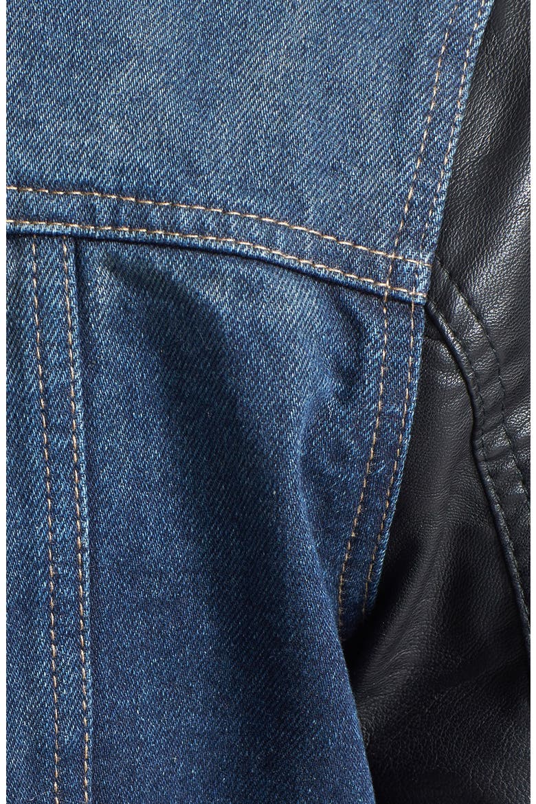 Faux Leather Sleeve Denim Jacket, Alternate, color, BLUE