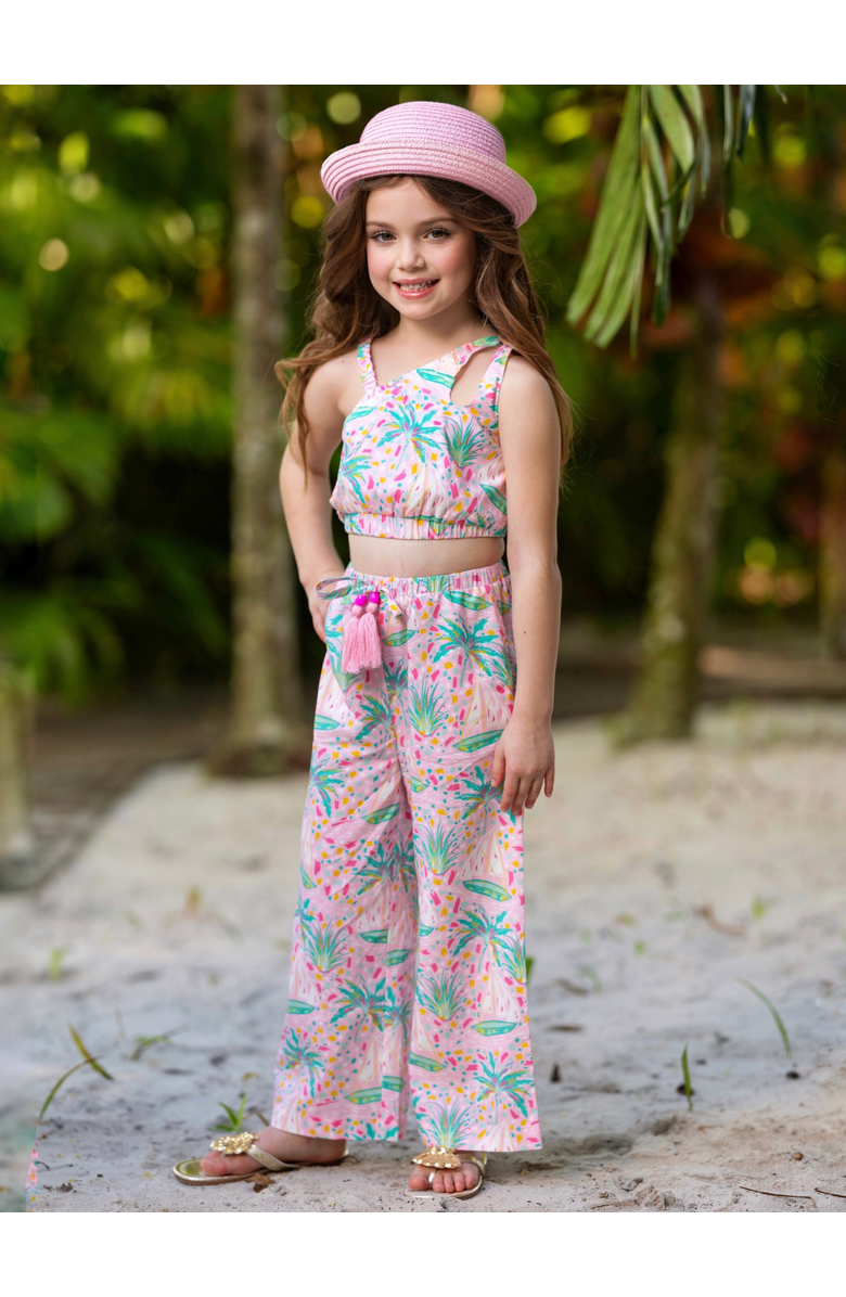 Mia Belle Girls Tropical Paradise One-Shoulder Top and Palazzo Pants Set, Alternate, color, Pink